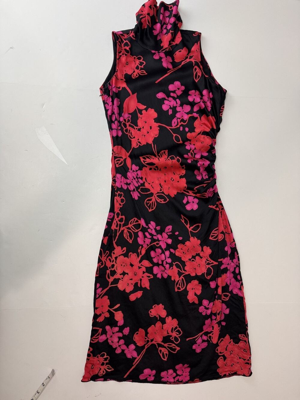 Armani Collezioni 100% Silk Floral Dress IT 28 Black Red Pink Mock Neck Italy